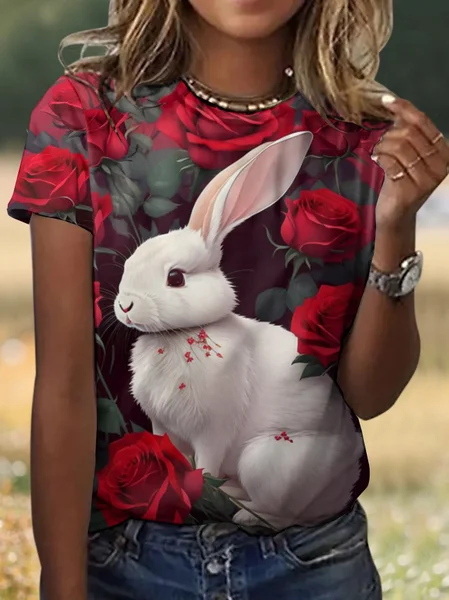 Casual Easter Rabbit Animal Crew Neck Short Sleeve T-shirt, Red, T-shirts