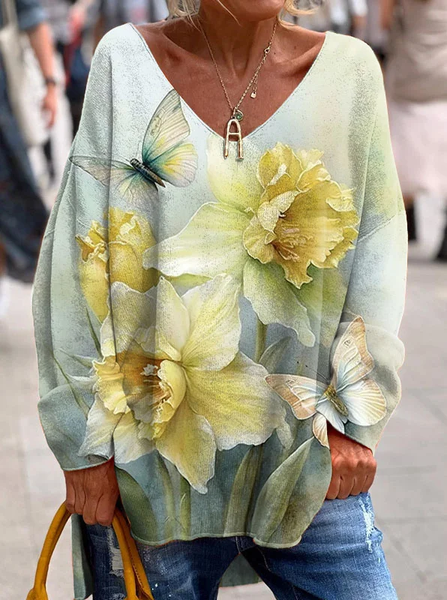 

Women's Long Sleeve Tee T-shirt Spring/Fall Floral Printing V Neck Casual Graphic Tee Top, As picture, T-Shirts
