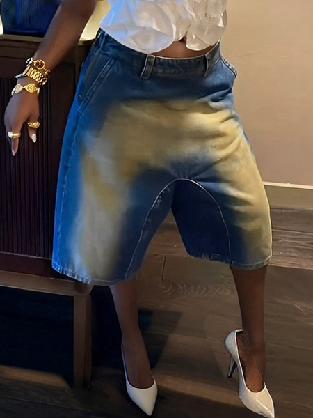 Loose Urban Color Block Denim Shorts, As picture, Jeans