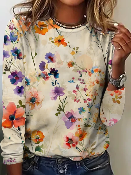 

Women's Vintage Art Floral Print Crew Neck T-Shirt, As picture, Long sleeves