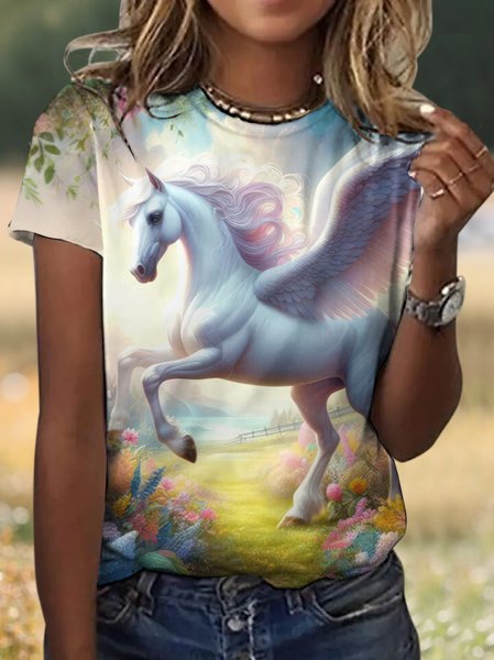 Casual Easter Animal Crew Neck Short Sleeve T-shirt, Light blue, T-shirts