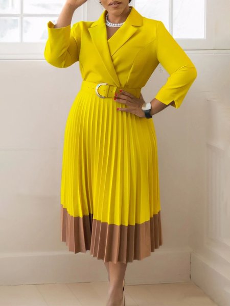 Elegant Color Block Pleated Lapel Collar Midi Dress With Belt, Yellow, Midi Dresses