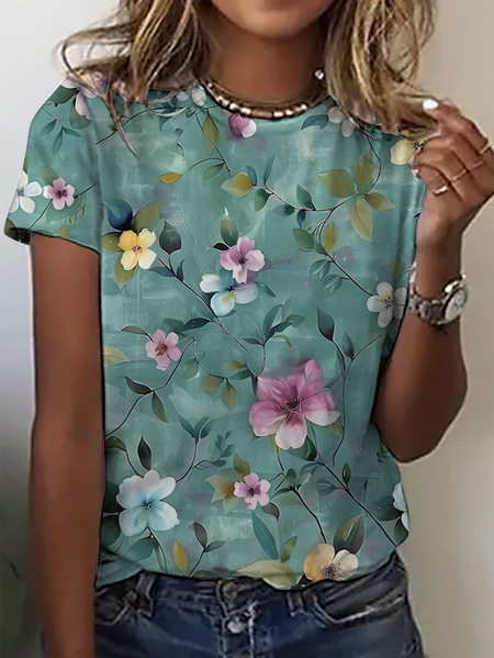 

Women's Art Floral Print Short Sleeve T-Shirt, As picture, T-shirts