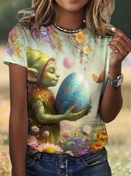 

Casual Easter Eggs Floral Crew Neck Short Sleeve T-shirt, Lightgreen, T-shirts