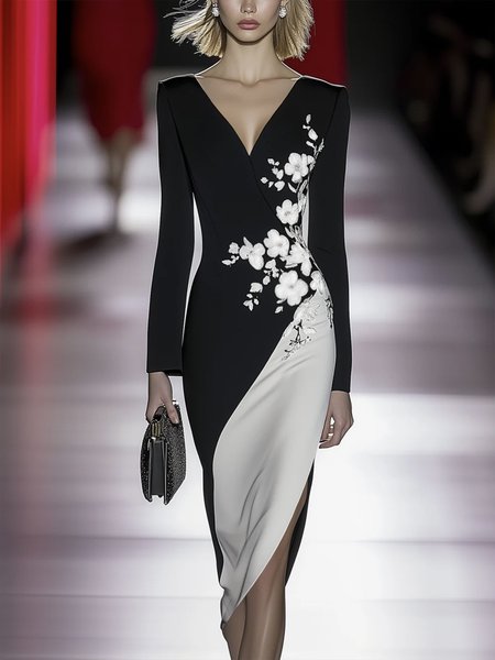 Elegant Floral Printing Midi Dress, Black, Midi Dresses