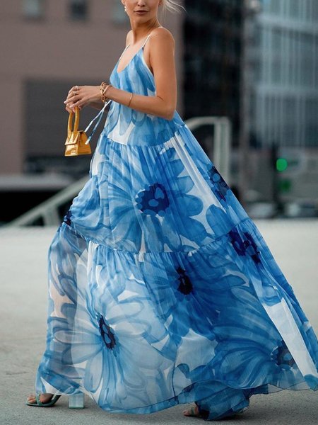 

Vacation Floral Printing Loosen Spaghetti Maxi Dress, Blue, Maxi Dresses