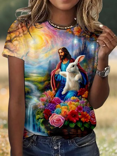 

Casual Easter Rabbit Floral Crew Neck Short Sleeve T-shirt, Purple, T-shirts