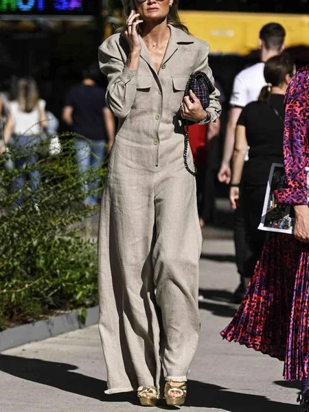 

Urban Shawl Collar Long Sleeve Loose Linen Jumpsuit, As picture, Jumpsuits