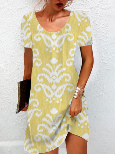 

Women's Short Sleeve Summer Floral Printing Dress Crew Neck Daily Going Out Casual Mini Tunic H-Line Dress, Yellow, Casual Dresses