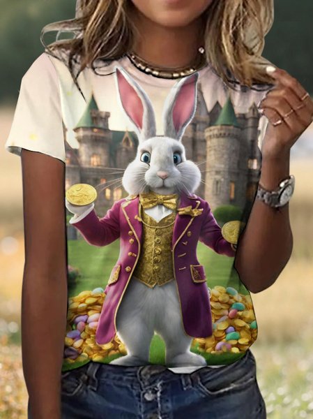 Casual Easter Rabbit Animal Crew Neck Short Sleeve T-shirt, Pink, T-shirts