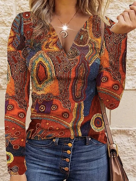 

Vintage Ethnic Style Printed Long sleeve Shirt, Brown, Long sleeves
