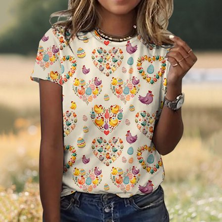 

Casual Easter Day Geometric Crew Neck Short Sleeve T-shirt, Apricot, T-shirts