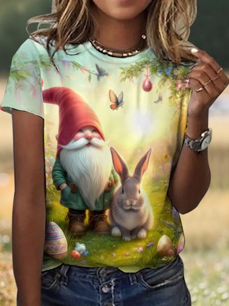 

Casual Easter Rabbit Floral Crew Neck Short Sleeve T-shirt, Lightgreen, T-shirts