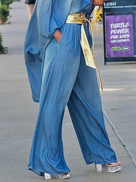 Casual Loose Denim Jeans With Belt, Blue, Jeans