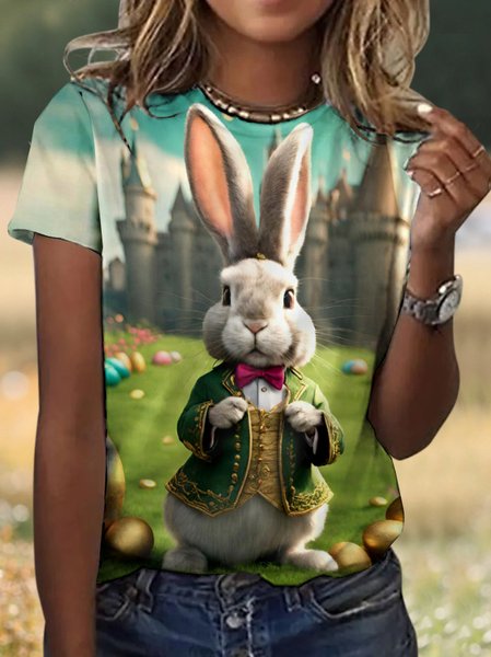 

Casual Easter Rabbit Animal Crew Neck Short Sleeve T-shirt, Green, T-shirts