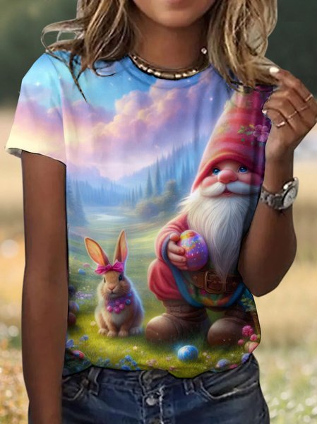 Casual Easter Floral Crew Neck Short Sleeve T-shirt, Blue, T-shirts