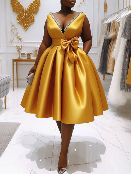 

Elegant Bow V Neck Knee Length Dress With Belt, Yellow, Midi Dresses