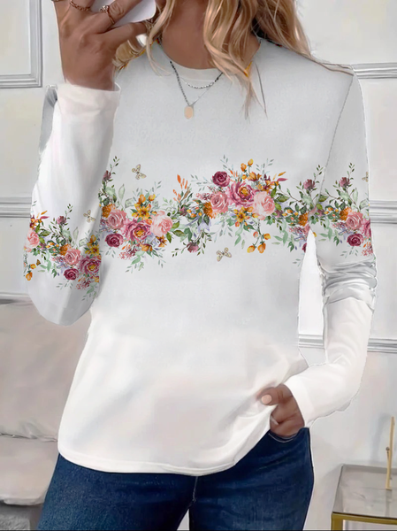 Casual Floral Print Crew Neck Long Sleeve T-shirt, White, T-shirts