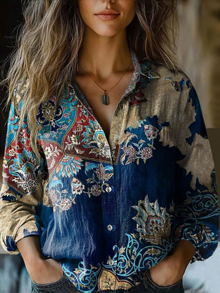 

Vintage Ethnic Print Blouse, Blue, Blouses