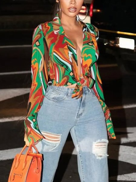 

Casual Random Print Printing Shawl Collar Shirt, Green, Blouses and Shirts