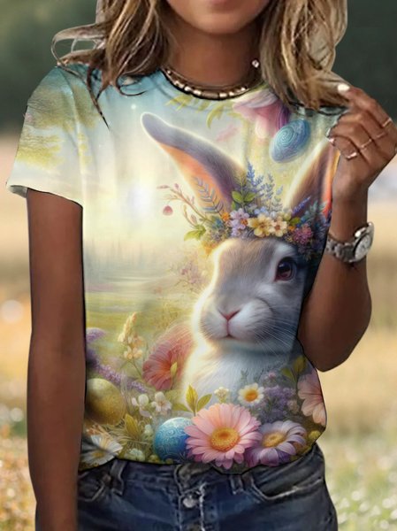 Casual Easter Rabbit Floral Crew Neck Short Sleeve T-shirt, Light blue, T-shirts