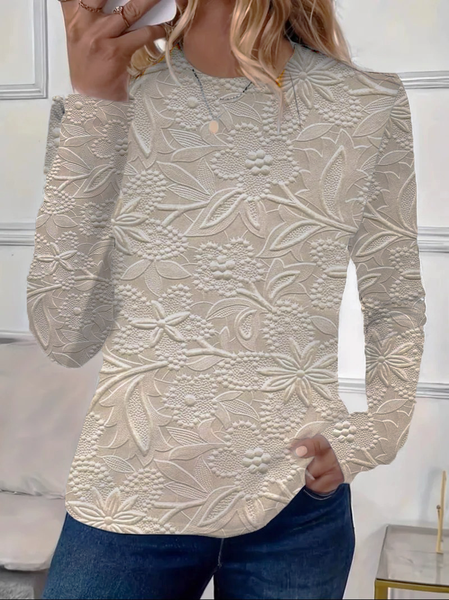 Casual Floral Print Crew Neck Long Sleeve T-shirt, Apricot, Blouses