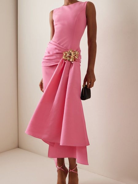 Elegant Plain 3D Floral Crew Neck Midi Party Dress, Pink, Maxi Dresses