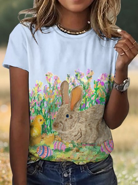 

Casual Easter Rabbit Floral Crew Neck Short Sleeve T-shirt, Light blue, T-shirts