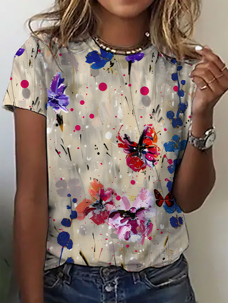 Women's Art Floral Print Short Sleeve T-Shirt, As picture, T-shirts