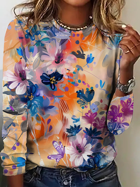 

Women's Vintage Art Floral Print Casual T-Shirt, As picture, Long sleeves