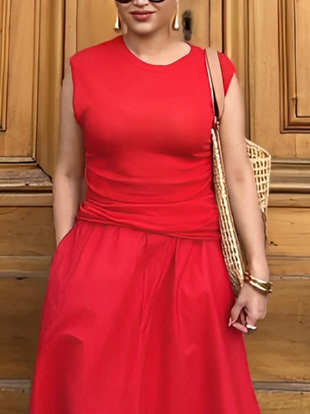 Cotton Casual Plain Crew Neck Tank Top, Red, Vests and Gilets