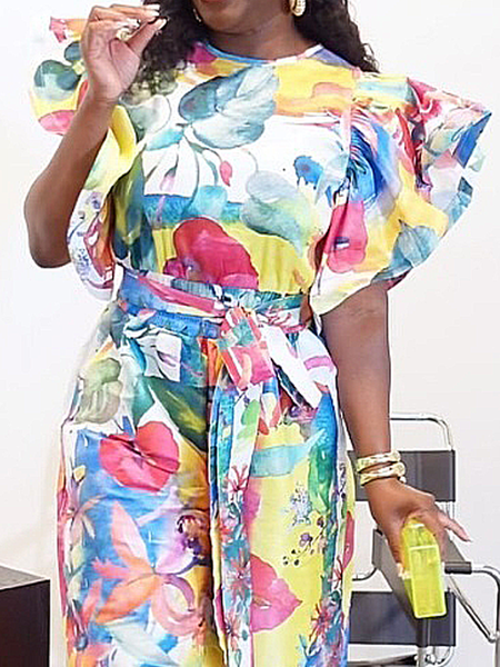 Elegant Floral Printing Crew Neck Ruffle Sleeve Blouse, As picture, Blouses and Shirts