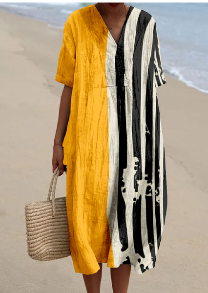 

Boho Multicolor Block Loose V Neck Dress With No, Color3, Maxi Dresses