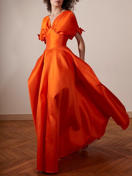 Elegant Plain V Neck Maxi Party Dress, Orange, Maxi Dresses