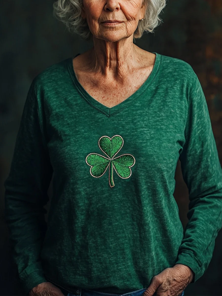 

Women's Long Sleeve Tee T-shirt Spring/Fall Shamrock St Patrick's Day Floral V Neck Casual Graphic Tee Top, Green, T-Shirts