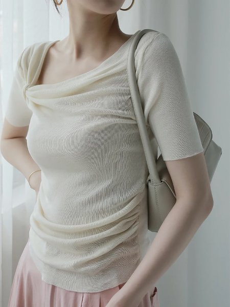 

Elegant Plain Asymmetric Sweater T-shirt, Off white, Tees