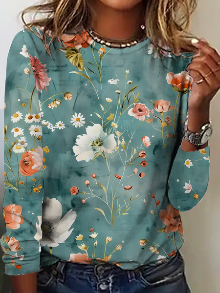 

Women's Vintage Art Floral Print Floral T-Shirt, As picture, Long sleeves
