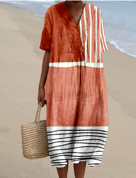 

Cotton-Blend Boho Ethnic Geometry Loose Dress With No, Orange, Maxi Dresses