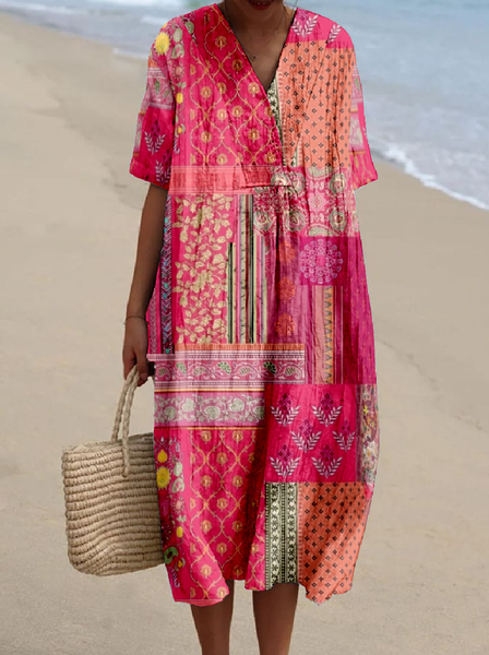 

Cotton-Blend Multicolor Block Casual Dress With No, Deep pink, Dresses