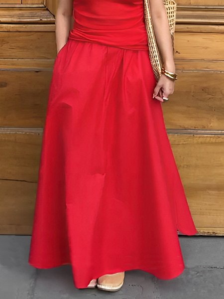 Casual Side-Slit cotton Maxi Skirt, Red, Skirts