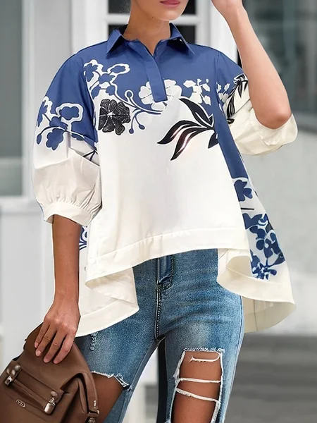 

Casual Floral Printing Balloon Sleeve Shirt, As picture, Blouses and Shirts