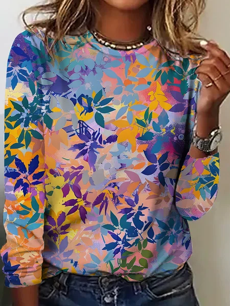 

Women's Vintage Art Floral Print Crew Neck T-Shirt, As picture, Long sleeves