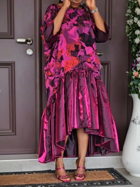 

Elegant Random Print Split Joint Crew Neck Maxi Dress, As picture, Maxi Dresses
