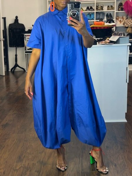 Casual Cotton Loosen Shirt Jumpsuit, Blue, Jumpsuits