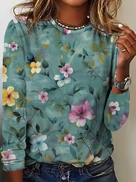 

Women's Vintage Art Floral Print Cotton T-Shirt, As picture, Long sleeves