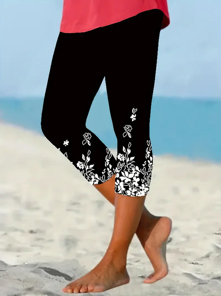 

Women's Trousers Elastic Waist Legging Daily Going Out Casual Printing Floral Summer Pants, Black, Leggings