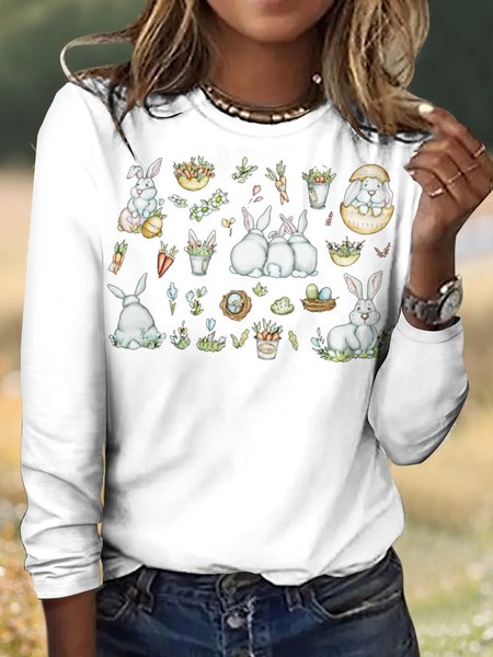 

Easter Eggs Rabbits Vintage Plaid Crew Neck Long Sleeve T-shirt, White, T-shirts