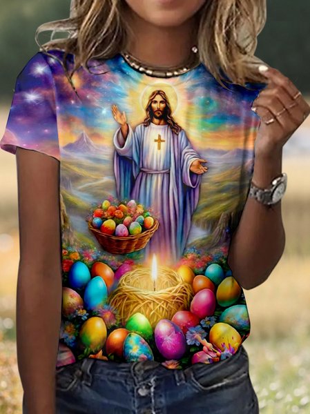 

Casual Easter Eggs Floral Crew Neck Short Sleeve T-shirt, Purple, T-shirts
