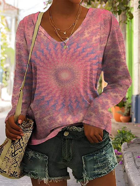 

Women's Long Sleeve Tee T-shirt Spring/Fall Tie Dye Printing V Neck Casual Graphic Tee Top, Pink, T-Shirts