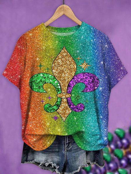 

Mardi Gras Casual Geometric Crew Neck Short Sleeve T-shirt, Orange, T-shirts
